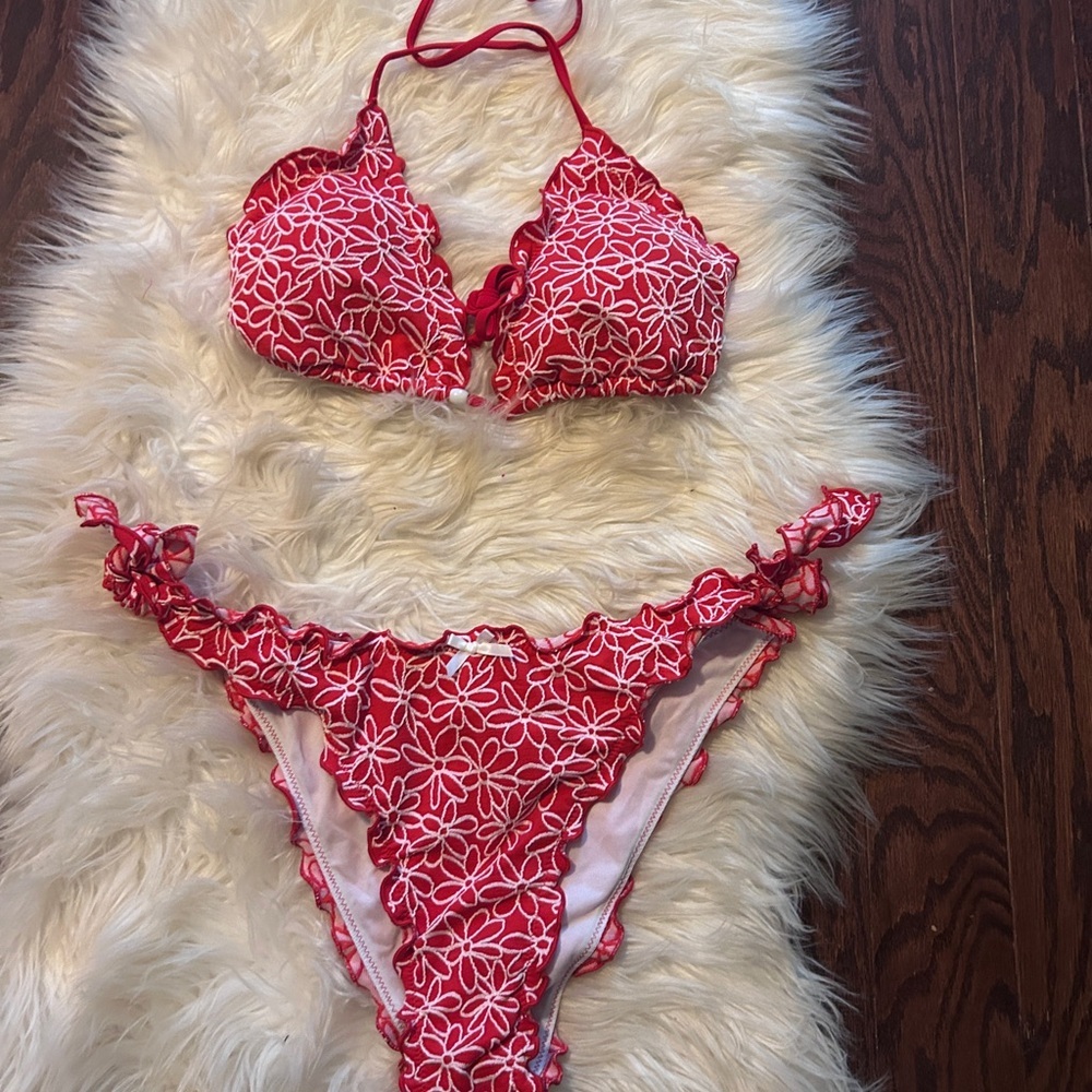 Red Floral Embroidered Bikini Set | Triangle Top Tie Side Bottom  Swimsuit - Picture 2 of 7